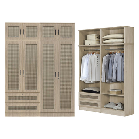 Image of CROATIA Series 1/2/3/4/5 Doors Wardrobe Rattan Design with Drawers and Top Cabinet