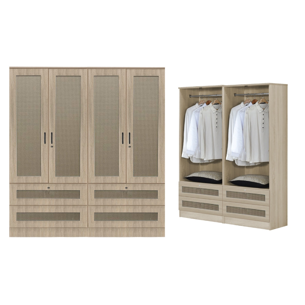 CROATIA Series 1/2/3/4/5 Doors Wardrobe Rattan Design with Drawers and Top Cabinet