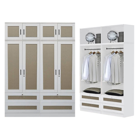 Image of CROATIA Series 1/2/3/4/5 Doors Wardrobe Rattan Design with Drawers and Top Cabinet