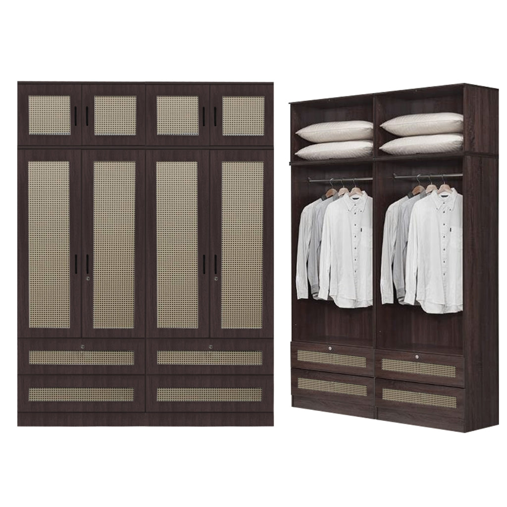CROATIA Series 1/2/3/4/5 Doors Wardrobe Rattan Design with Drawers and Top Cabinet