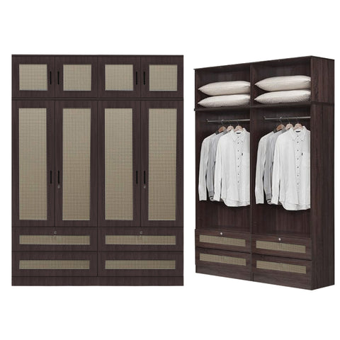 Image of CROATIA Series 1/2/3/4/5 Doors Wardrobe Rattan Design with Drawers and Top Cabinet