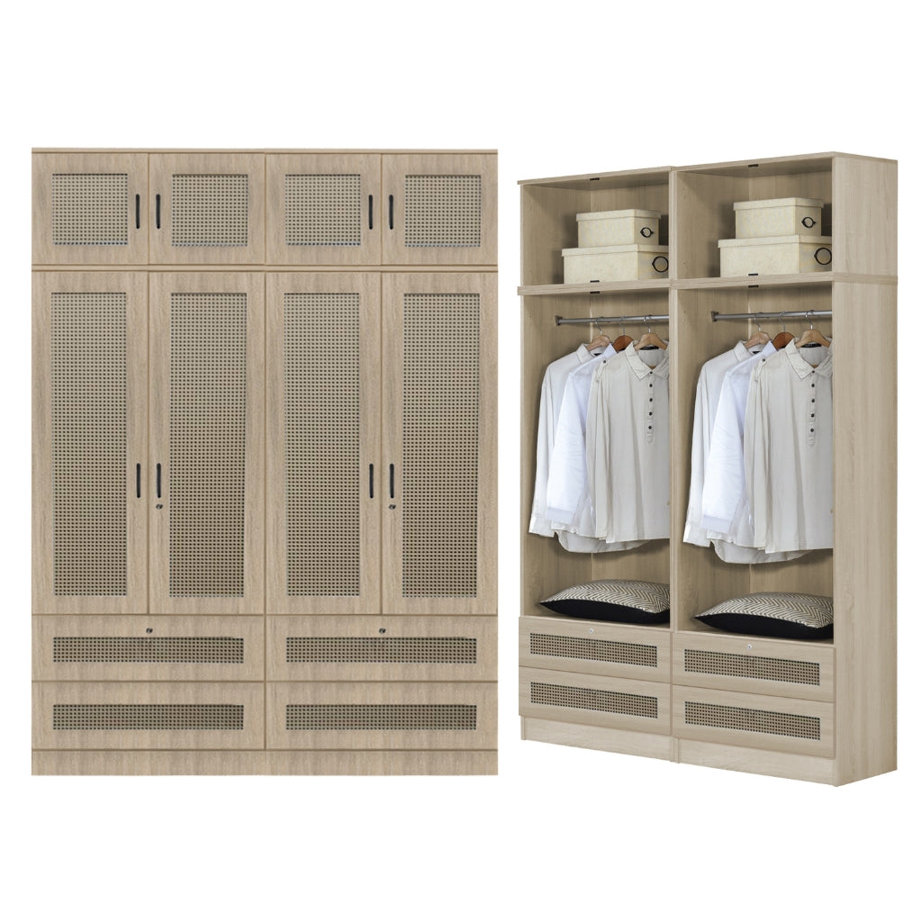 CROATIA Series 1/2/3/4/5 Doors Wardrobe Rattan Design with Drawers and Top Cabinet