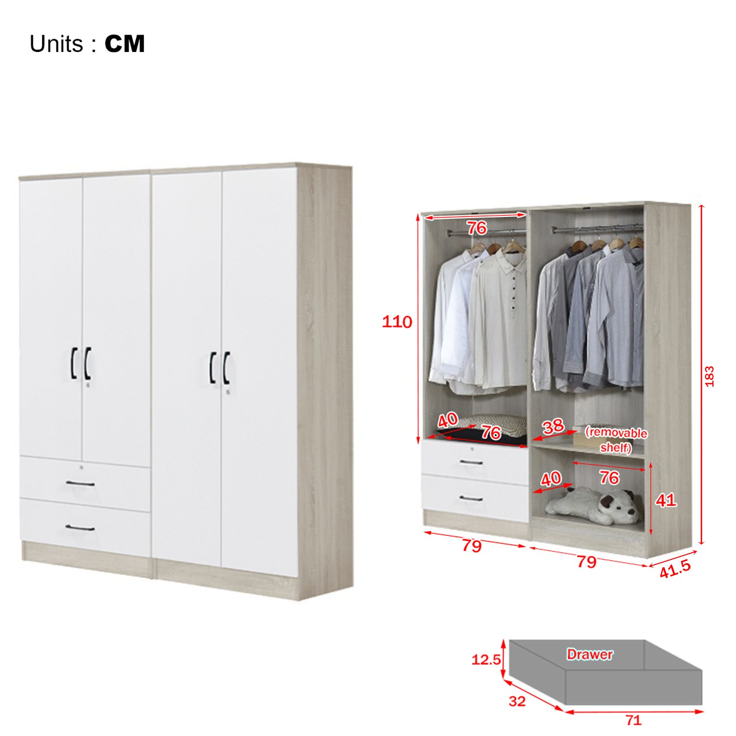 Poland Series 4 Door Wardrobe with 2 Drawers in Ivory & White Colour