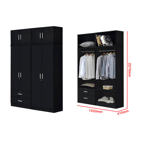 Image of Albania Series 4 Door Tall Wardrobe with 2 Drawers and Top Cabinet in Black Colour