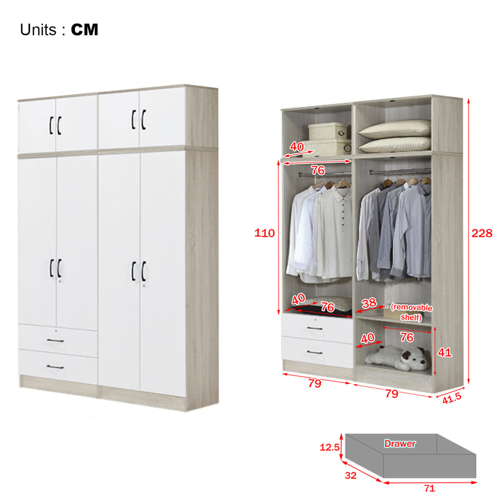 Poland Series 4 Door Tall Wardrobe with 2 Drawers and Top Cabinet in Ivory & White Colour
