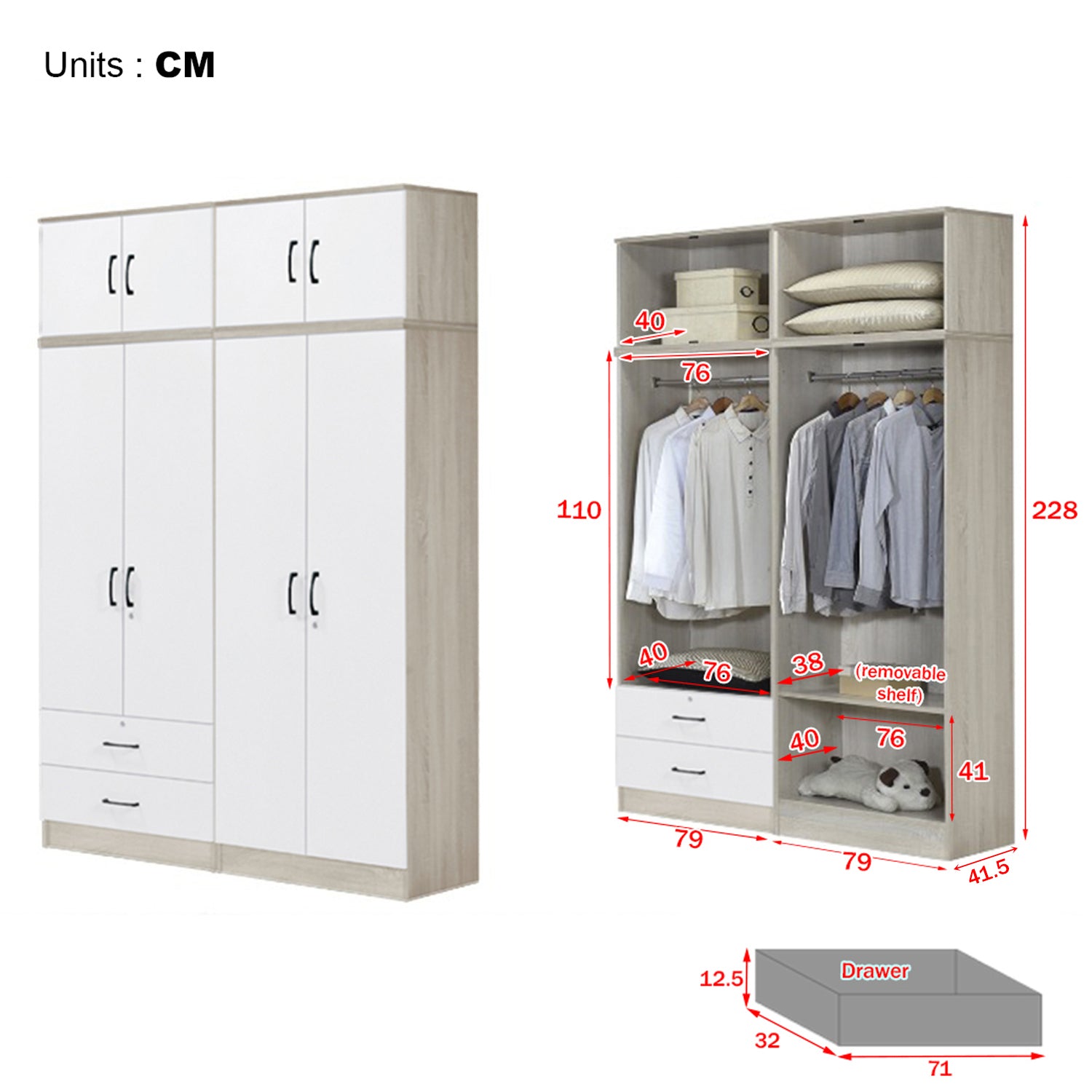 Poland Series 4 Door Tall Wardrobe with 2 Drawers and Top Cabinet in Ivory & White Colour