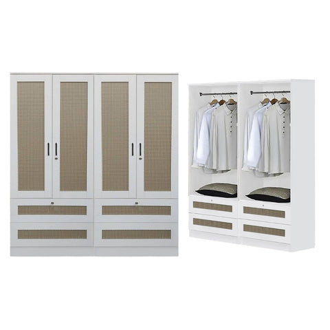 Image of CROATIA Series 1/2/3/4/5 Doors Wardrobe Rattan Design with Drawers and Top Cabinet