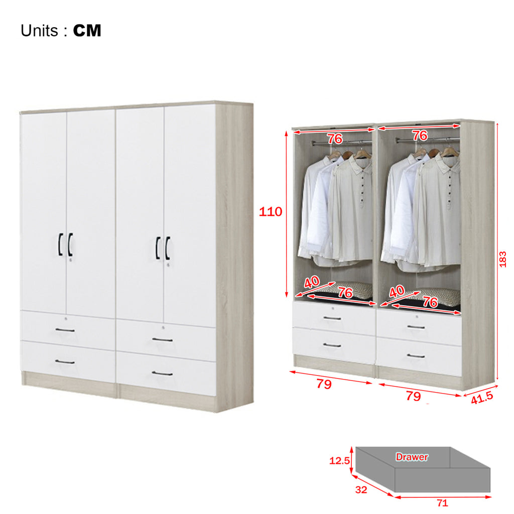 Poland Series 4 Door Wardrobe with 4 Drawers in Ivory & White Colour