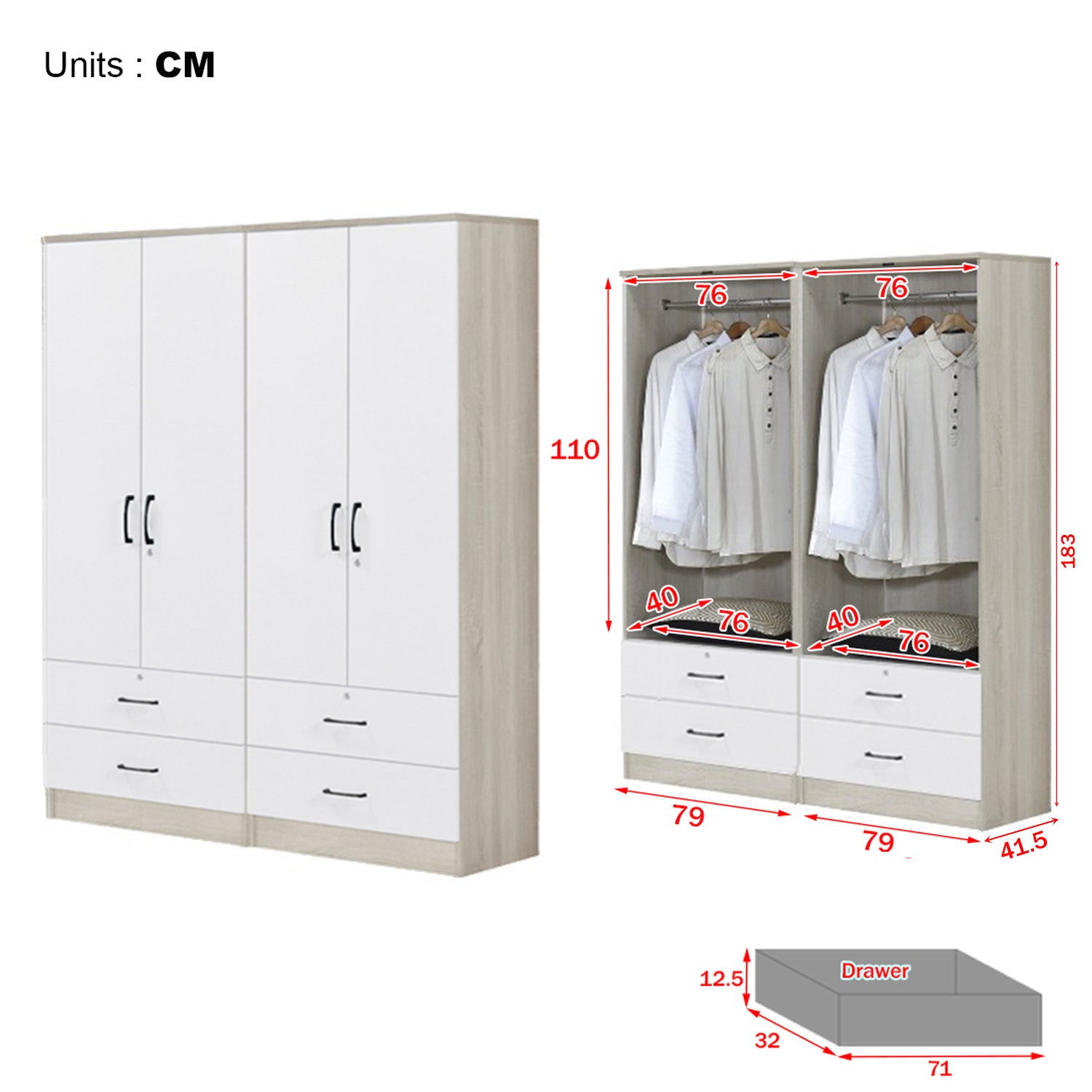 Poland Series 4 Door Wardrobe with 4 Drawers in Ivory & White Colour