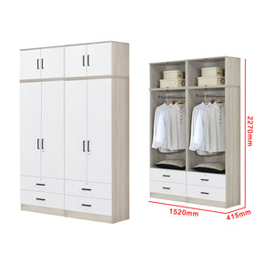 Poland Series 4 Door Tall Wardrobe with 4 Drawers and Top Cabinet in Natural & White Colour