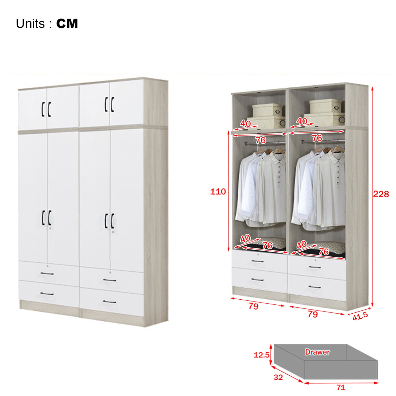 Poland Series 4 Door Tall Wardrobe with 4 Drawers and Top Cabinet in Ivory & White Colour