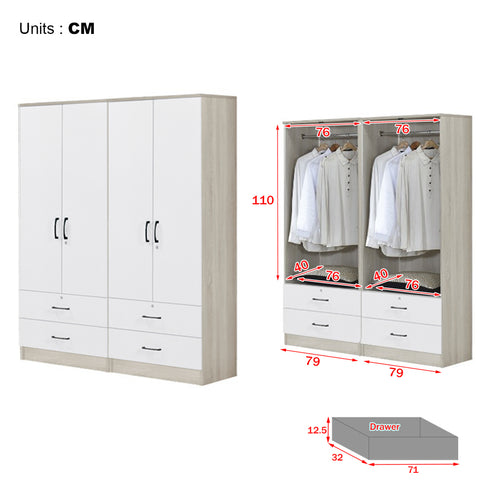 Image of Poland Series 4 Door Wardrobe with 4 Drawers in Ivory & White Colour