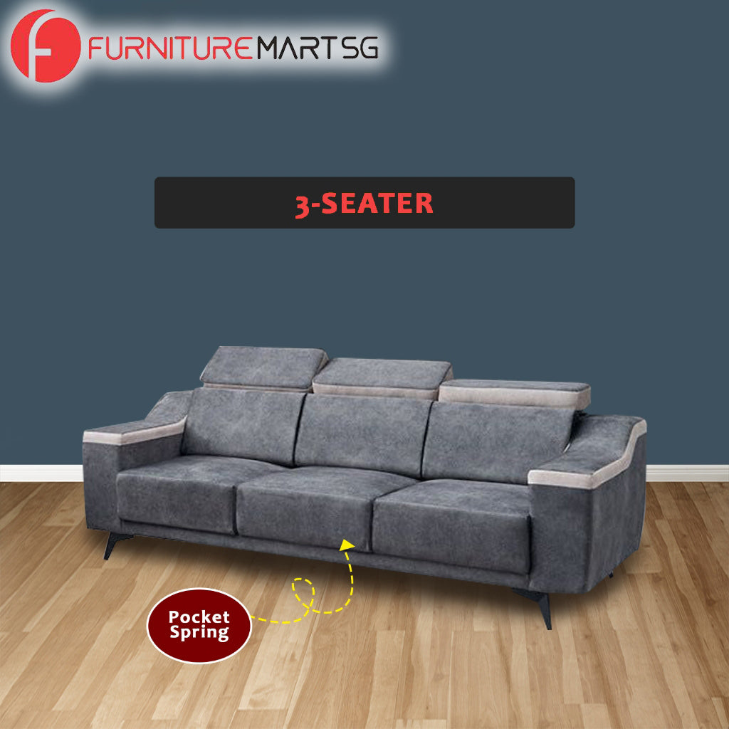Zeak 2-Seater 3-Seater Sofa Adjustable High Back in Grey Fabric