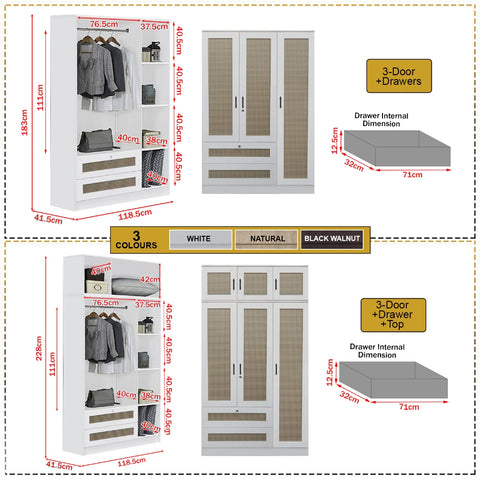 Image of CROATIA Series 1/2/3/4/5 Doors Wardrobe Rattan Design with Drawers and Top Cabinet