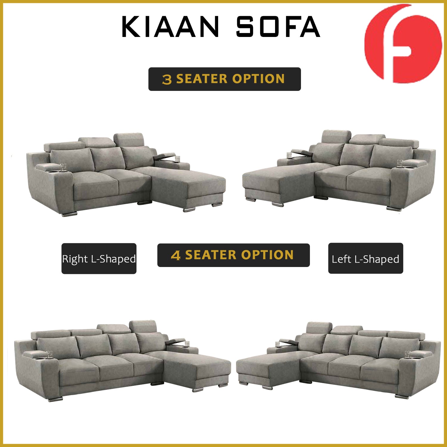 Kiaan Sofa Armrest Storage + Cup Holders 3/4L Shape Sofa Set w/ Pet-Friendly Option