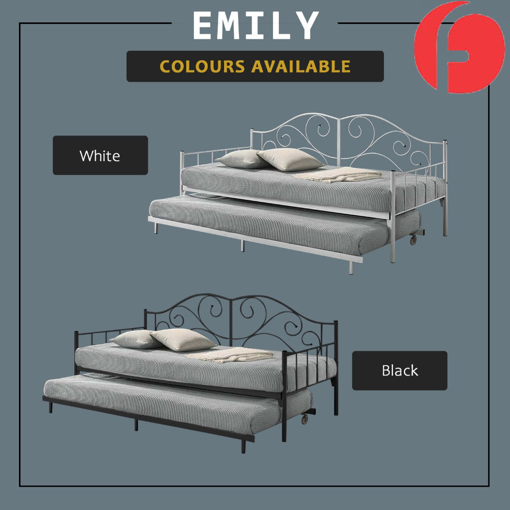 Emily Metal Daybed Bed Frame Single with Pull-Out in Black/White Colour w/ Mattress