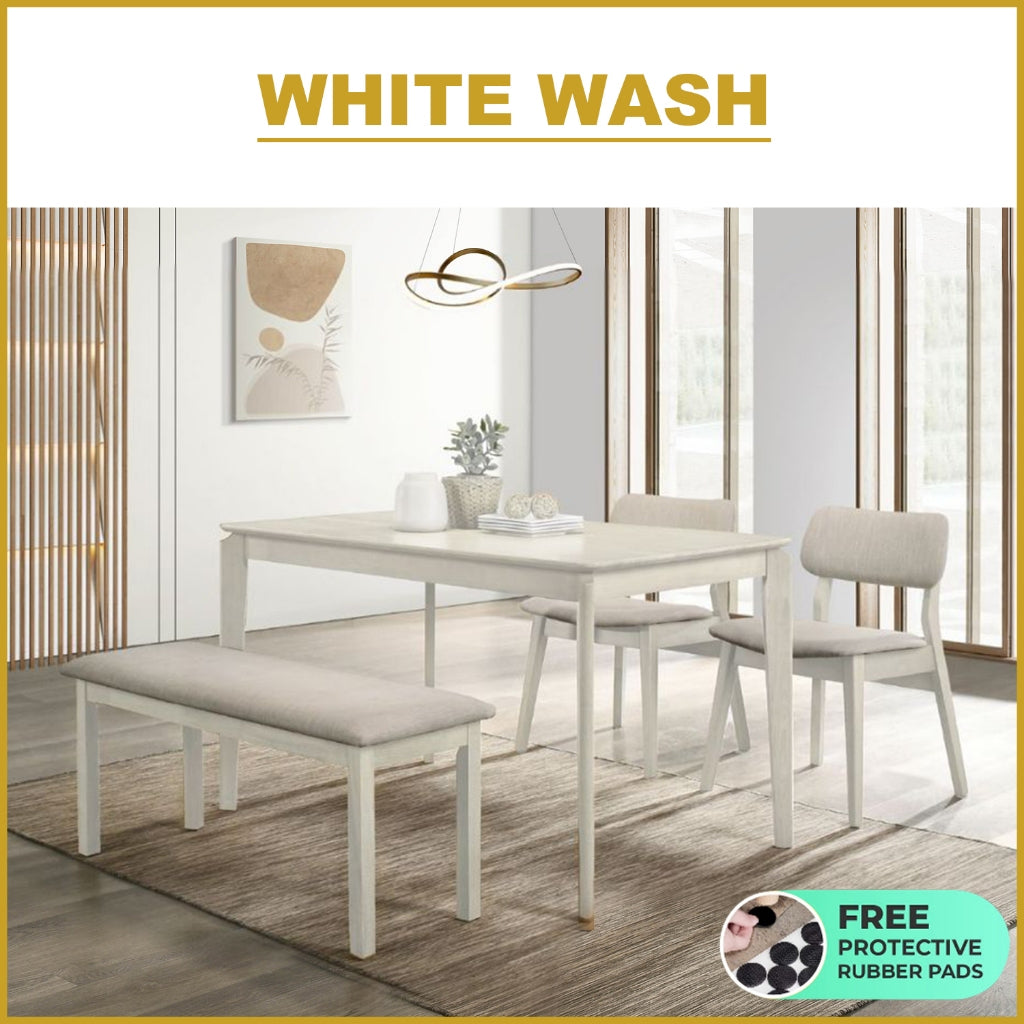 Wilton 4/6 Seater Dining Set w/ Table, Chair & Bench Solid Rubber Wood in 3 Colours