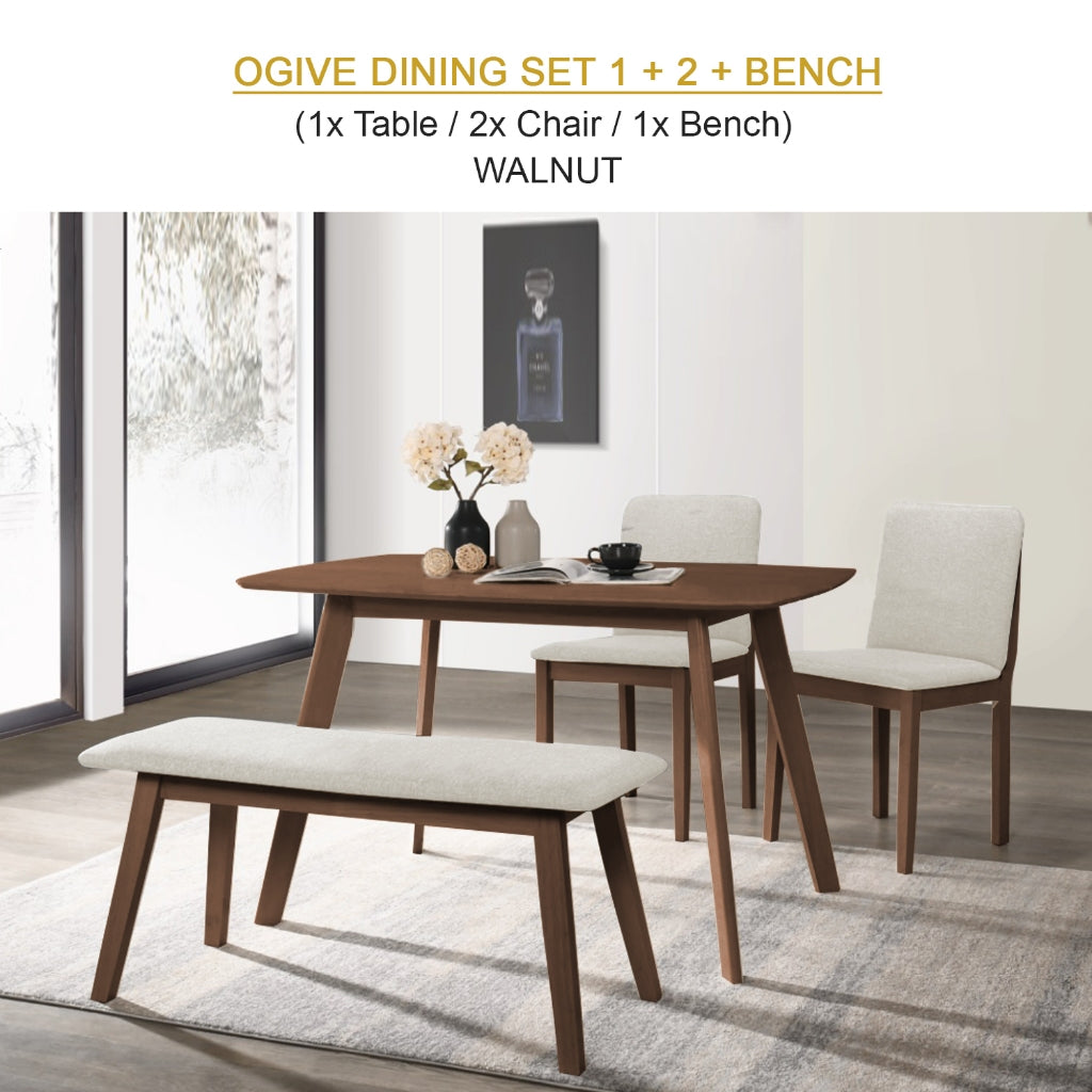 OGIVE Dining Set Table with Chair & Bench Pet-Friendly Fabric in Natural & Walnut Color