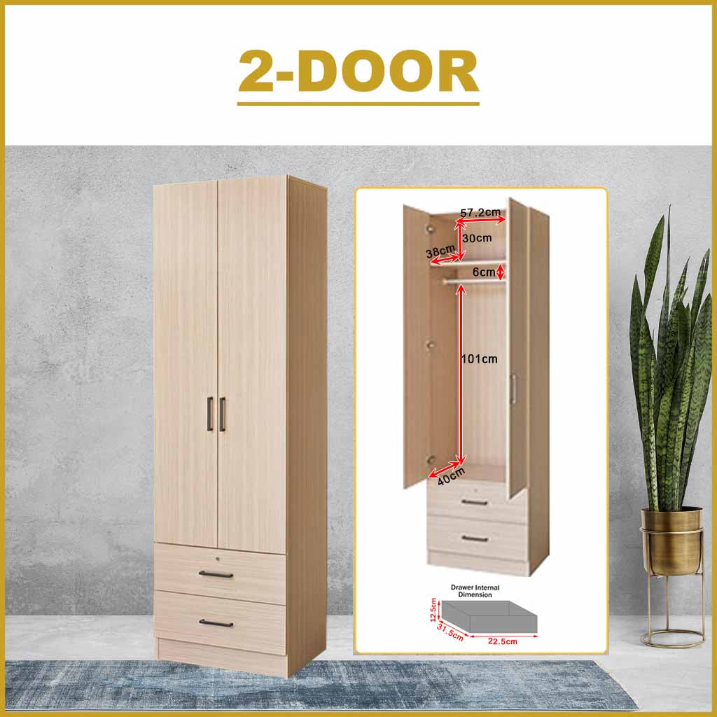 Kafka Series 2 Door Soft Closing Wardrobe Fully Laminated Back Panel in 6 Colours