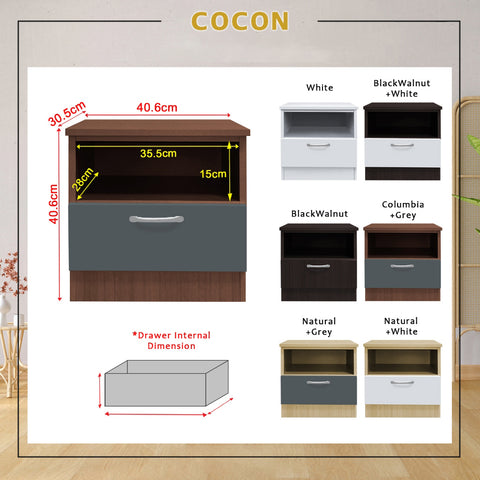 Image of Cocon Premium Bedside Table 1-Drawer Full Laminated Back Panel in 6 Colours