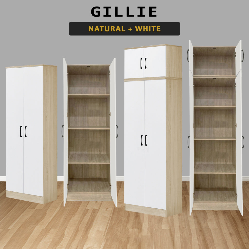 Gillie Series 2 Doors Tall Wardrobe with Top Cabinet Fully Laminated Back in 6 Colours