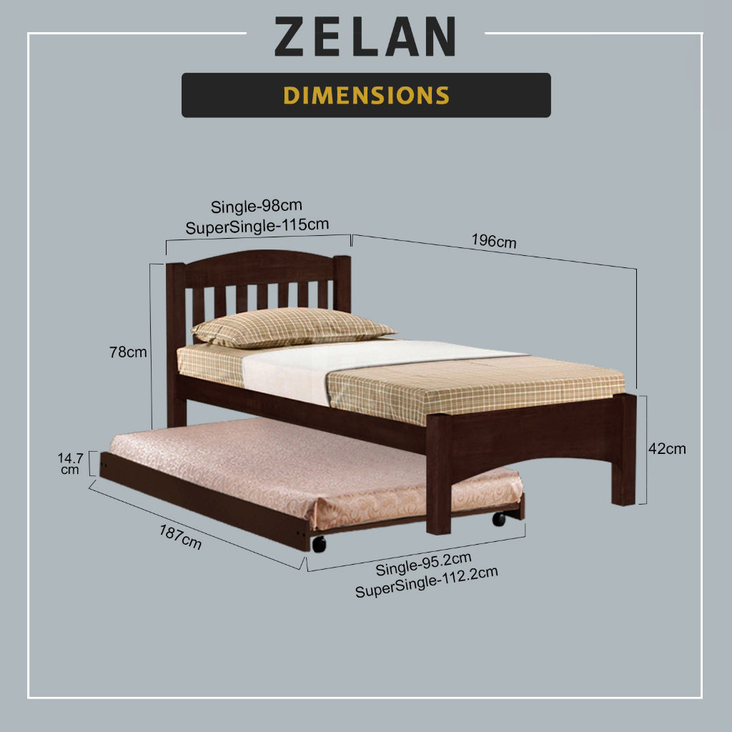 Zelan Pull-Out Bed Single, Super Single Solid Rubberwood Bed Frame w/ Mattress Option