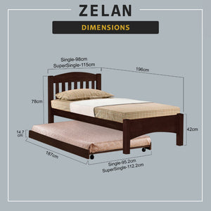 Zelan Pull-Out Bed Single, Super Single Solid Rubberwood Bed Frame w/ Mattress Option