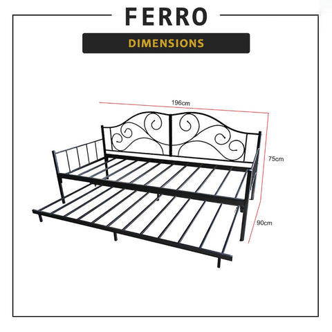 Image of Ferro Metal Daybed Bed Frame with Pull-Out in Black or White Colour - w/ Mattress Option