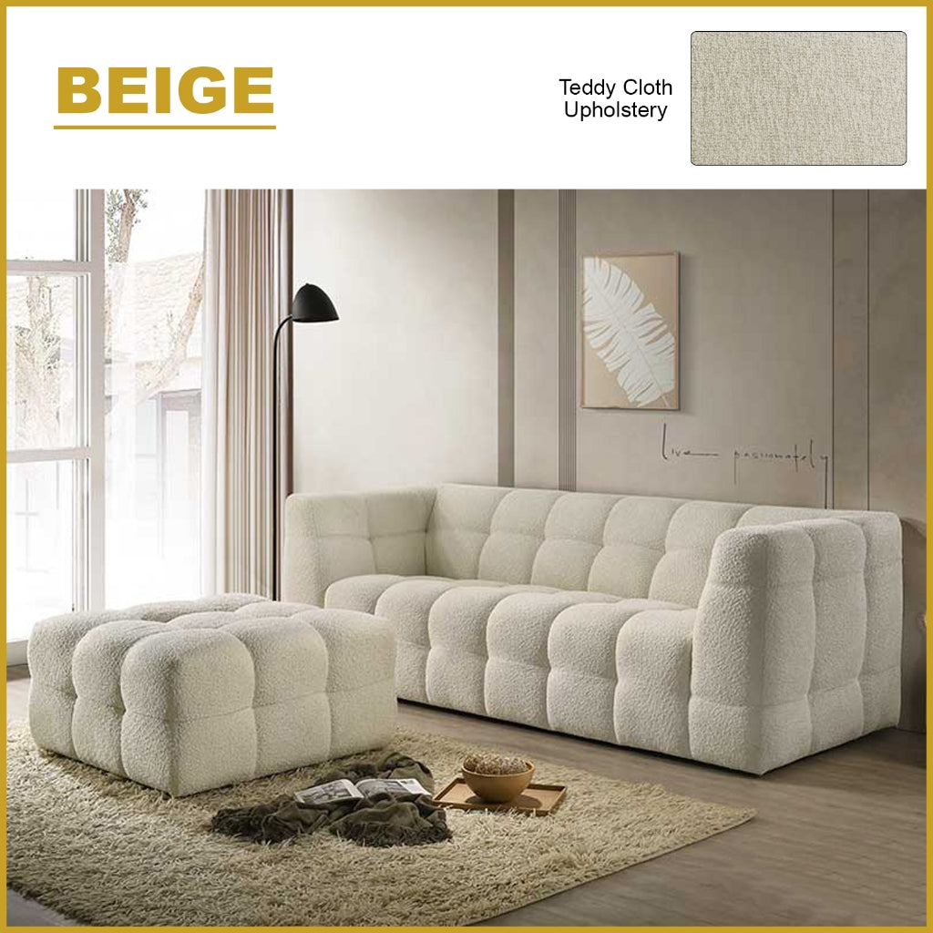 Falan 4-Seater Sofa with Stool Teddy Cloth Upholstery Sofa in Light Grey/Beige Colour