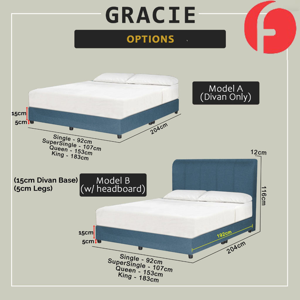 Gracie Divan Bed Frame with Foam Padded Headboard w/ Mattress - All Sizes Available