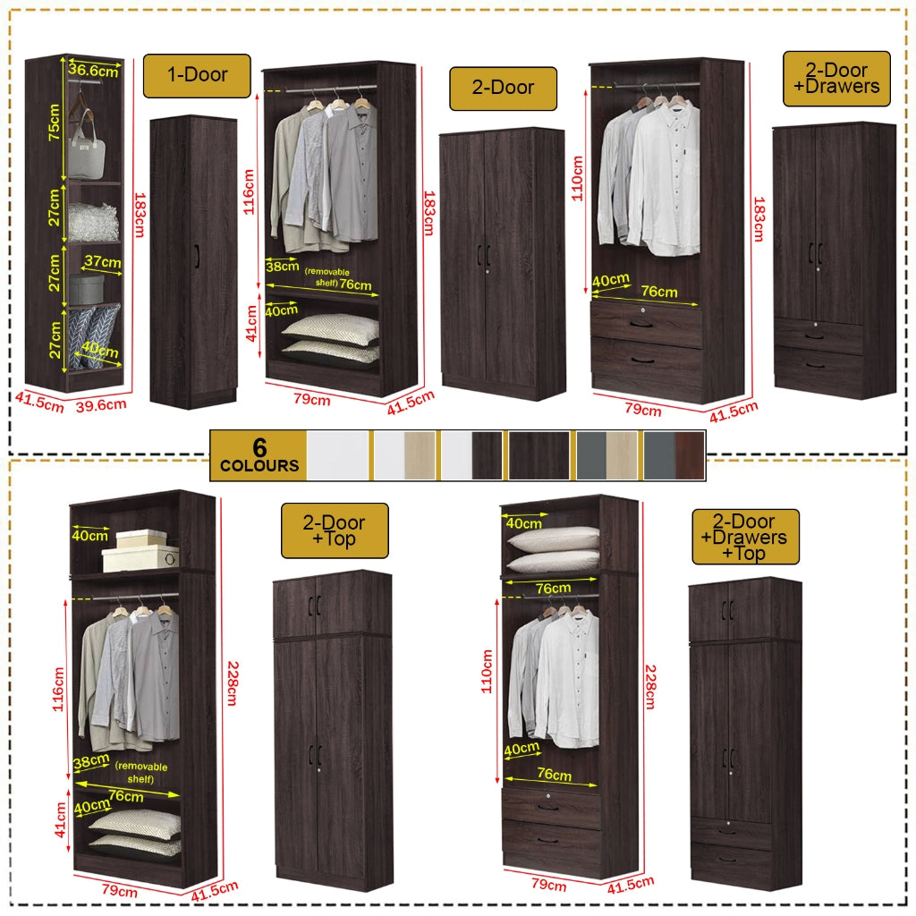 BERLIN Series 1/2/3/4/5 Doors Tall Wardrobe with Drawers and Top Cabinet in 6 Colours