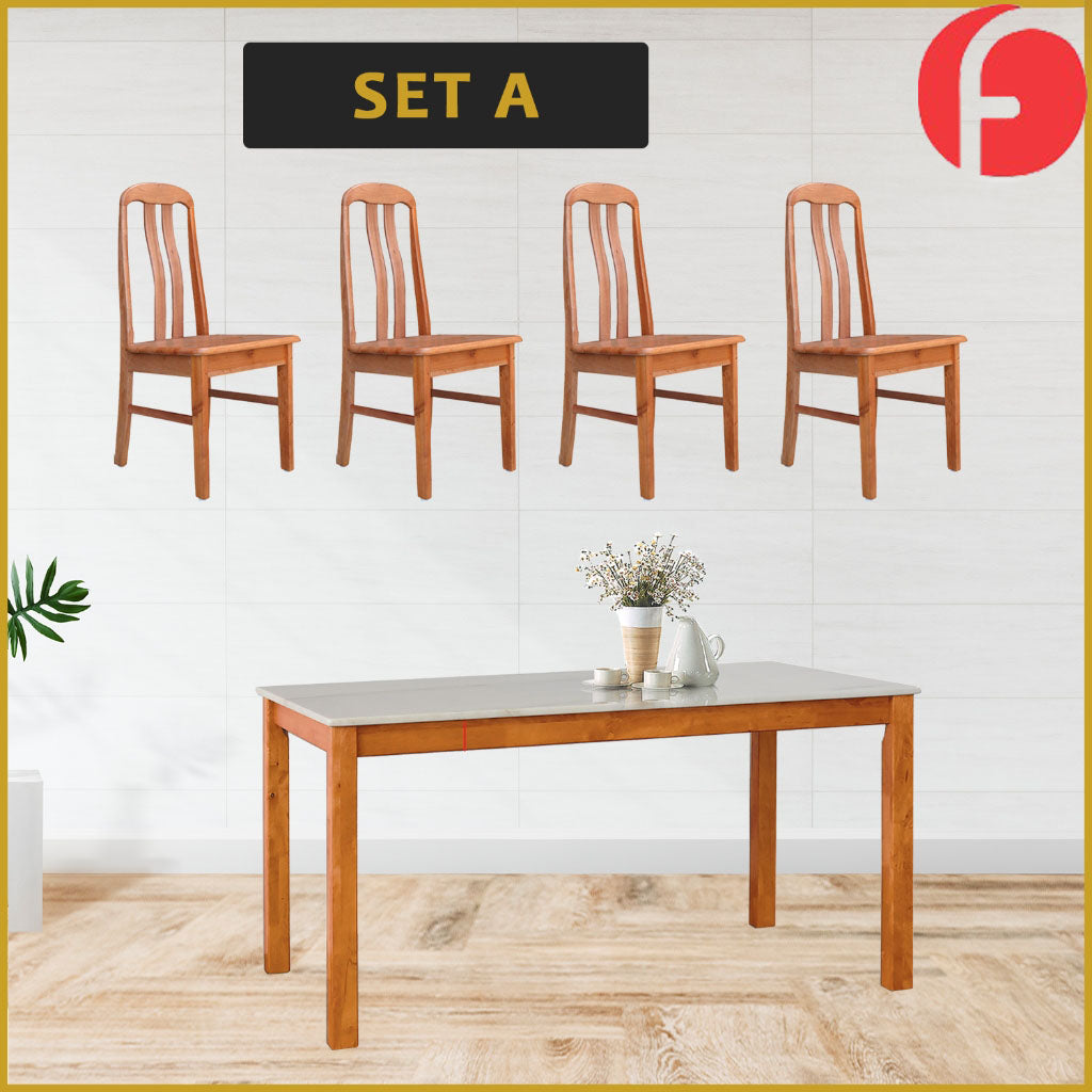 Jaime Dining Set w/ Table and Chairs 1+4 in Solid Wood Natural Marble Top Cherry/Walnut