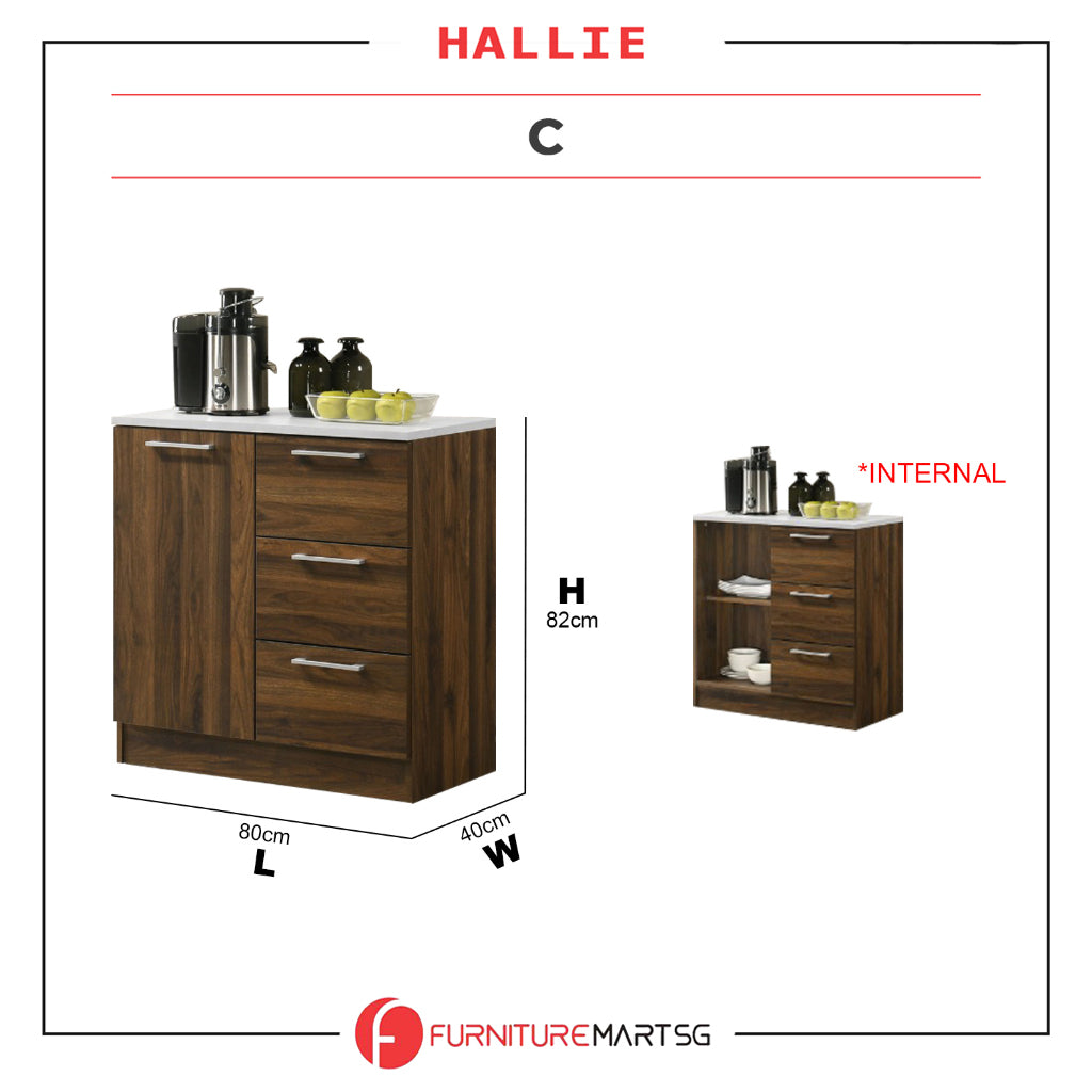 Hallie Series Modular Kitchen Cabinet Melamine Panel Top with Hanging Cabinet in Brown & Natural Color.