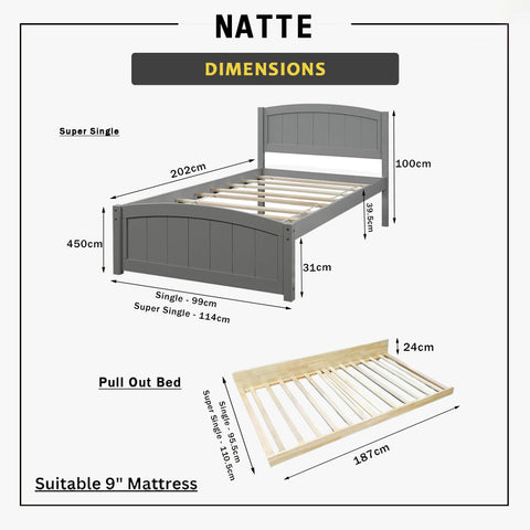 Image of Natte Solid Rubberwood Bed Frame Single, Super Single w/ Pull-Out Option