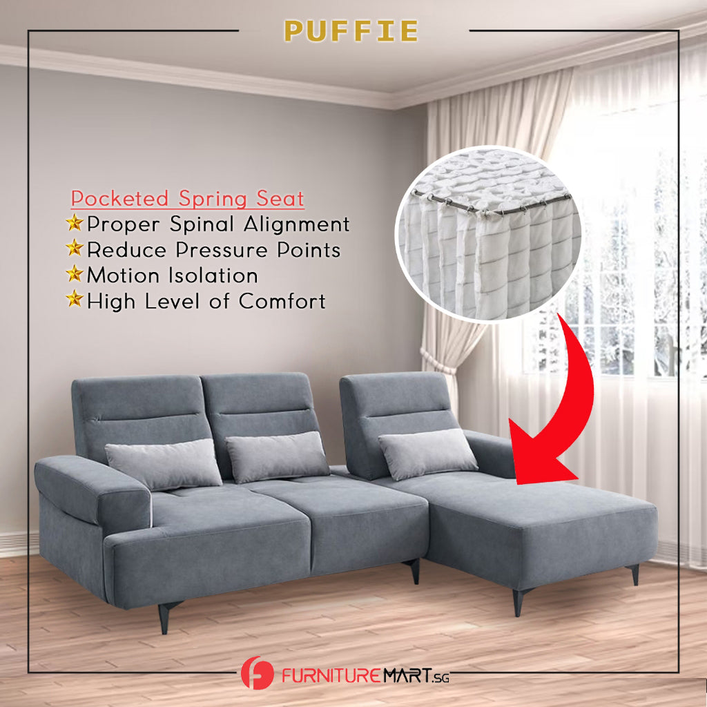 Puffie Pet-Friendly L-shaped Pushback Sofa Pocketed Spring Seat in Grey Colour