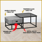 Henni 2-Piece Coffee Table with Drawer - Tempered Glass Top + Marble Ceramic Top