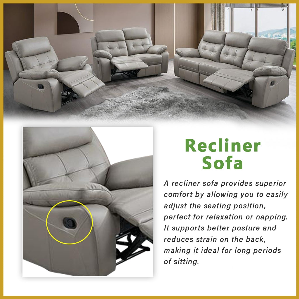 Callie 1/2/3-Seater Full Leather Cowhide Sofa All Seat Recliner in Grey Colour