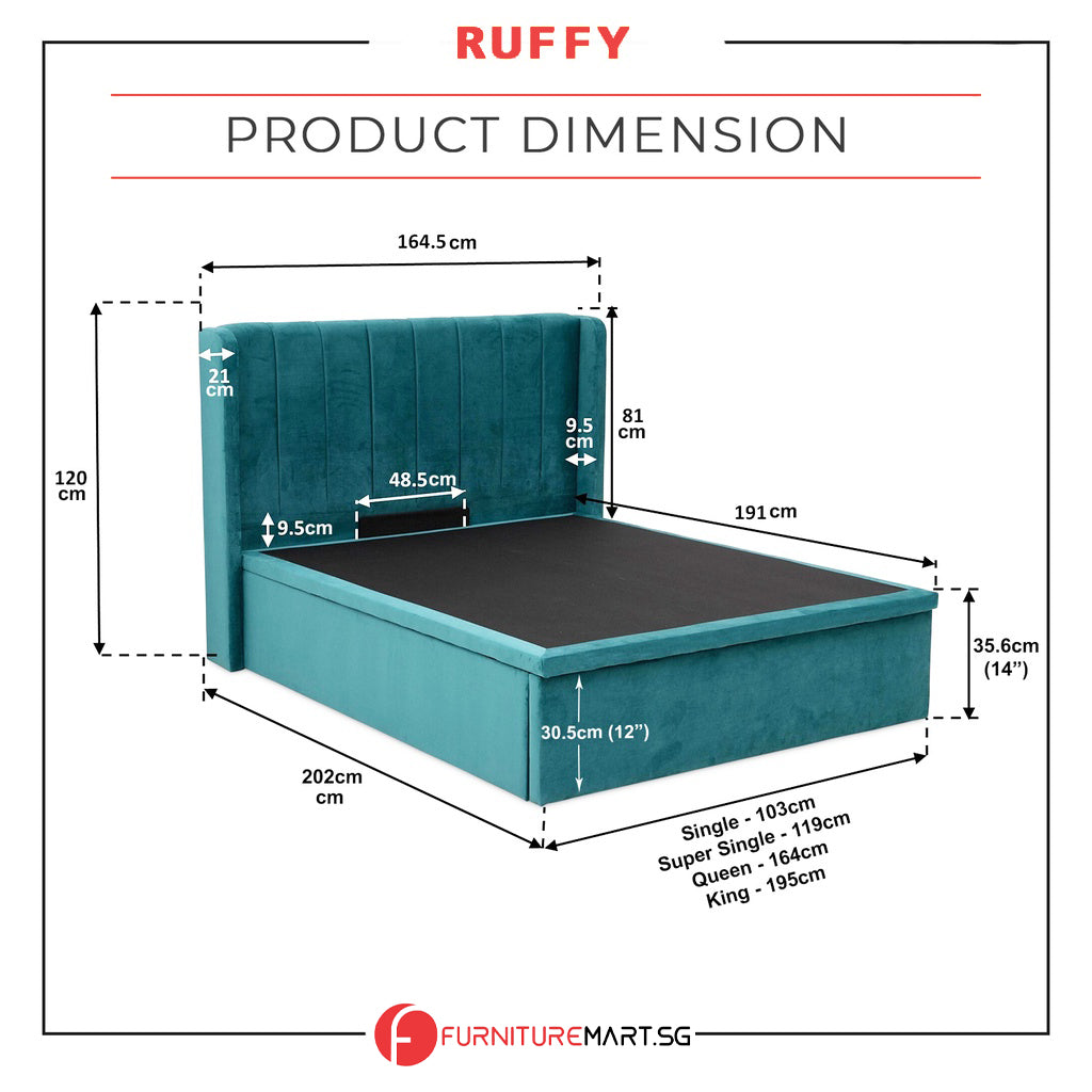 DR CHIRO Ruffy 14" SBD Storage Bed Frame Fabric/Faux Leather in 3 Colours - With Mattress Option