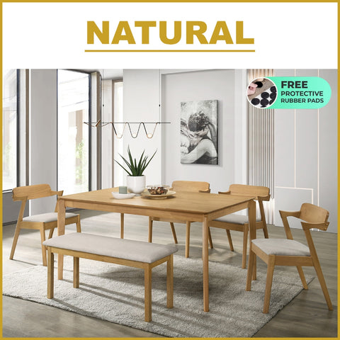 Image of Raco 4/6 Seater Nordic Dining Set w/ Table, Chair & Bench Solid Rubber Wood in 3 Colours