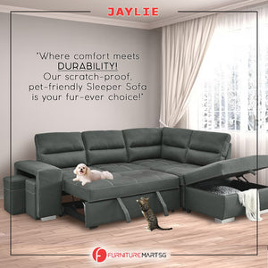 Jaylie Left-Right Reversible Sleeper Sectional Sofa with Ottoman Storage in Grey Pet Friendly Fabric