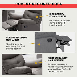 Robert 1-Seater Premium Half Leather Recliner Sofa Set Modern Minimalist in Grey