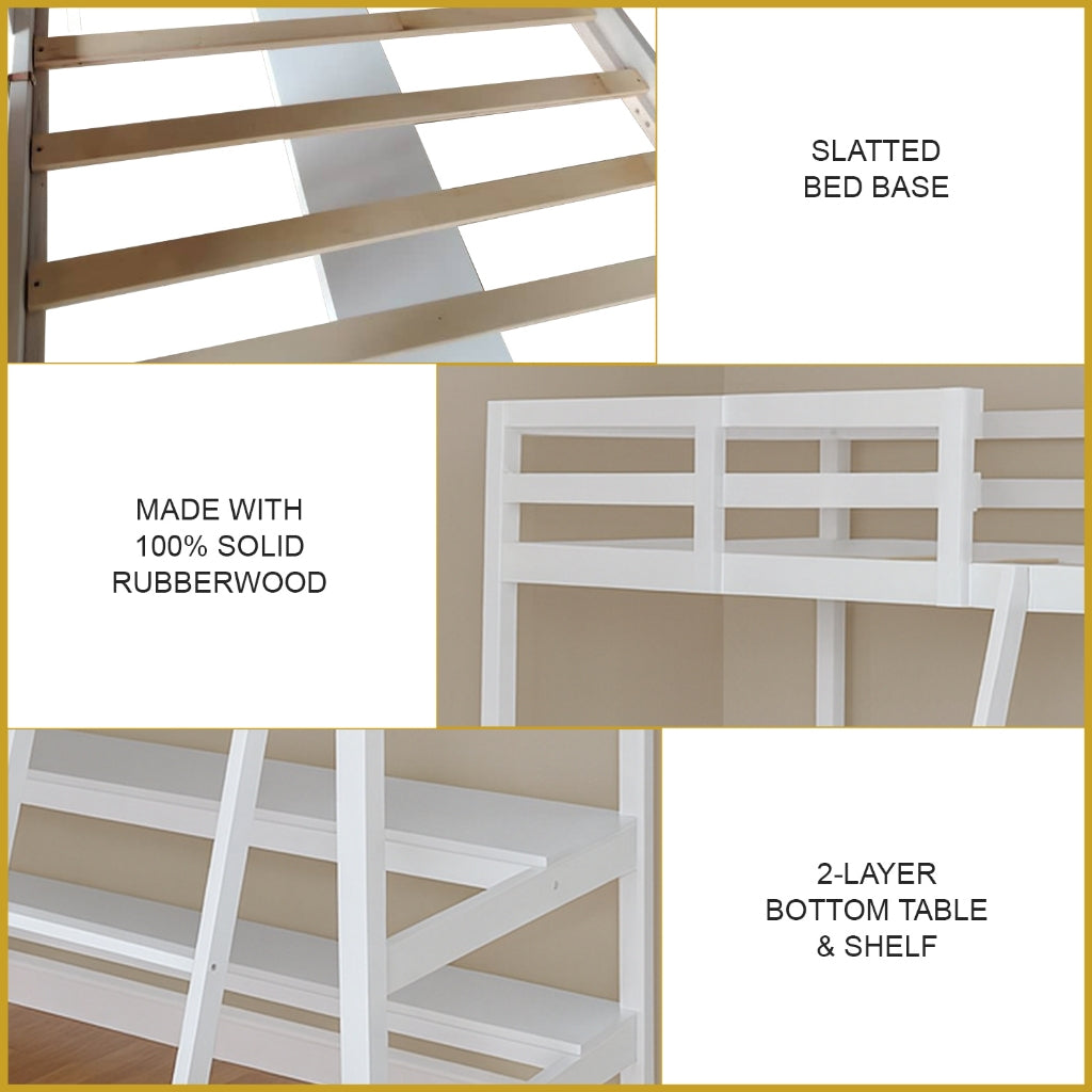 Lamer Single Loft Bed Solid Rubberwood Sturdy Durable in 3 Colours - w/ Mattress