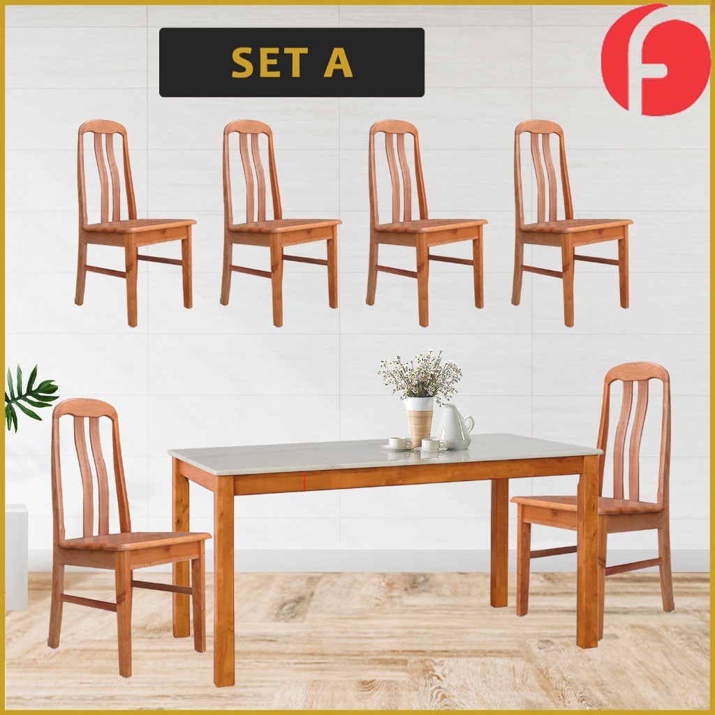 Kamila Dining Set with Table & Chairs 1+6 in Solid Wood Natural Marble Top Cherry/Walnut