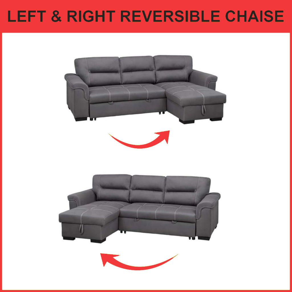 Arinna Left-Right Reversible Sleeper Sectional Sofa with Storage in Charcoal Chenille Fabric