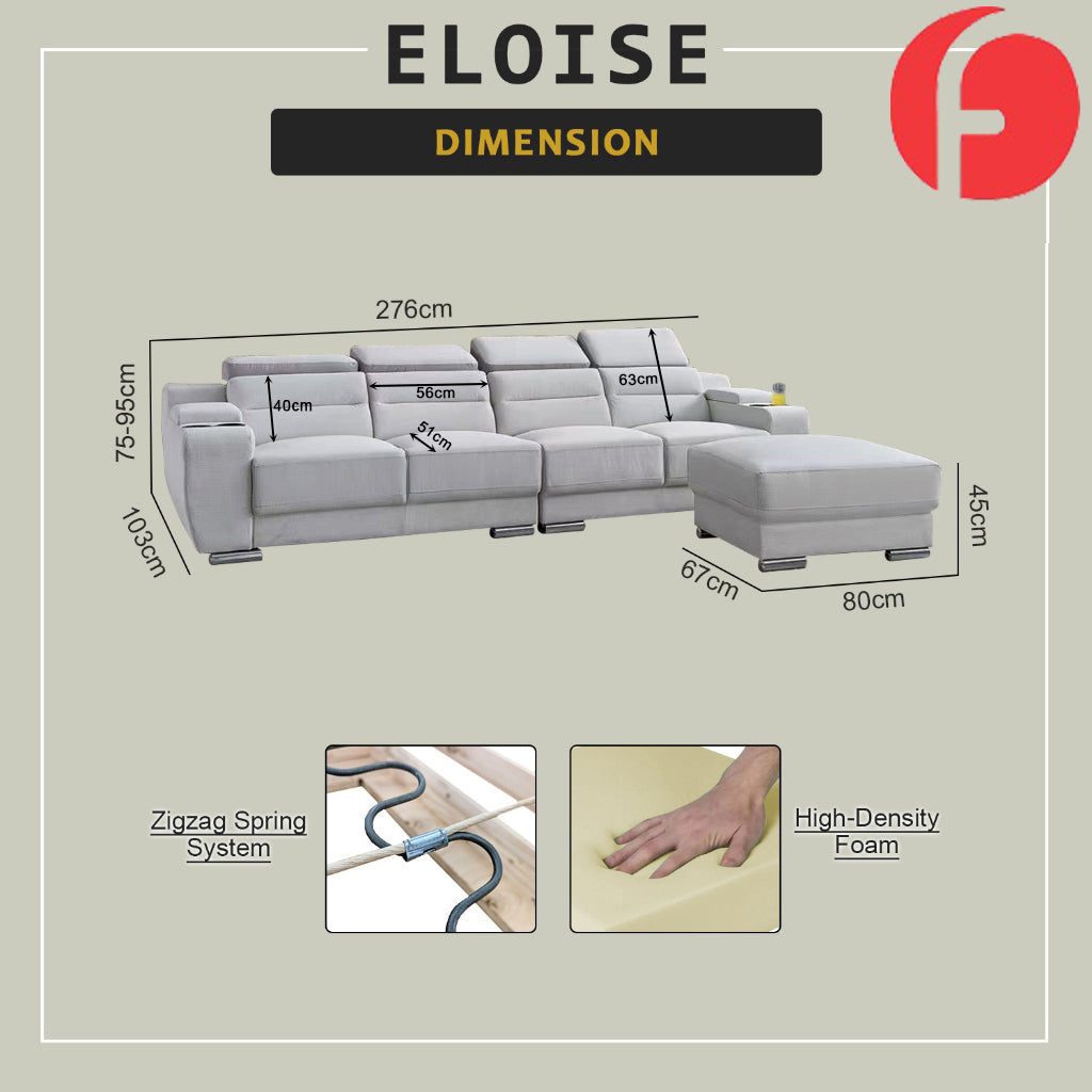 Eloise 4-Seater Sofa with Stool,  Storage & Cup Holder w/ Pet-Friendly Scratch-Resist