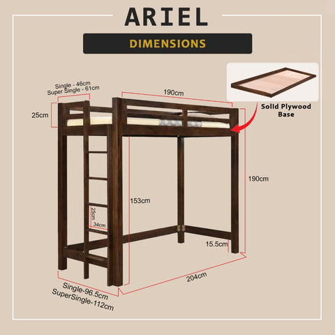 Image of Ariel Wooden Loft Bed Single, Super Single Solid Rubberwood Bed Frame w/ Mattress Option