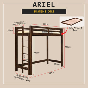 Ariel Wooden Loft Bed Single, Super Single Solid Rubberwood Bed Frame w/ Mattress Option