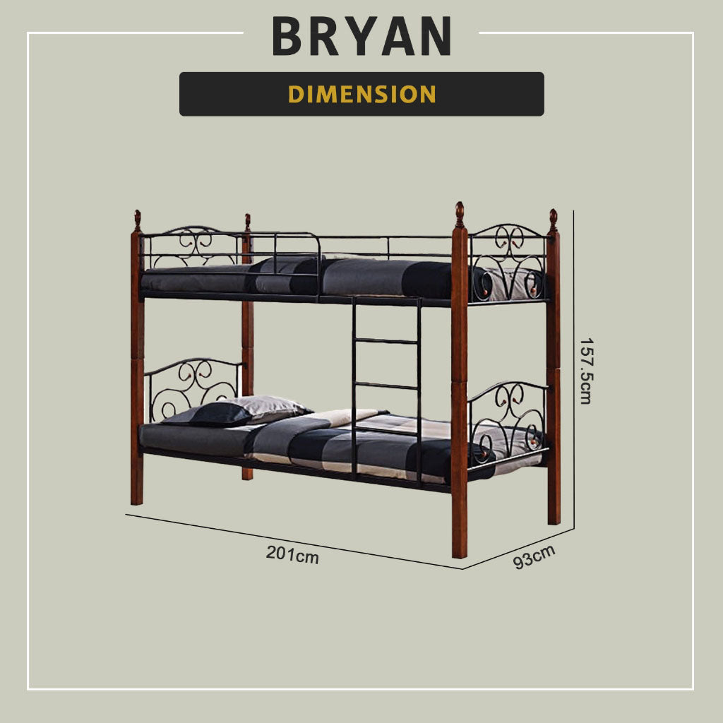 Bryan Single Metal+Wooden Double Decker Bed Frame in 2 Colours - w/ Mattress Option