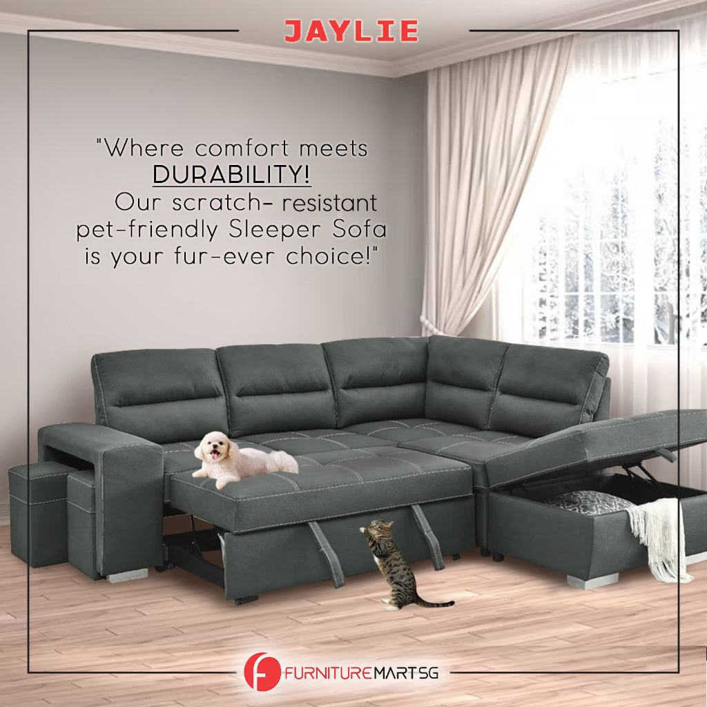 Jaylie Left-Right Reversible Sleeper Sectional Sofa with Ottoman Storage in Grey Pet Friendly Fabric