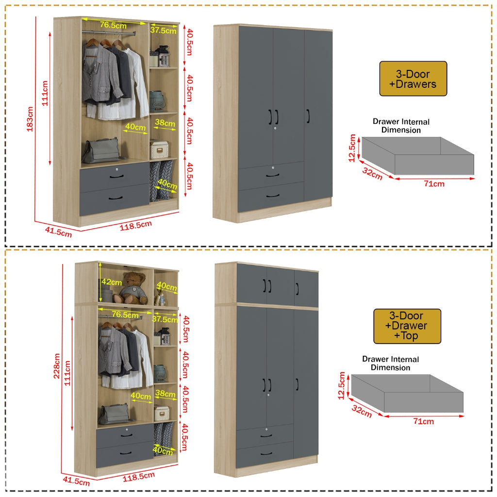Florence Series 1/2/3/4/5 Doors Tall Wardrobe with Drawers and Top Cabinet in Natural